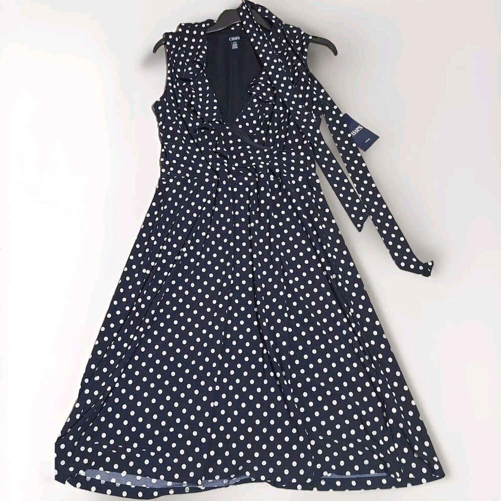 Chaps Womens Medium Fit Flare Midi Dress Navy Blue White Polka Dot Belted New